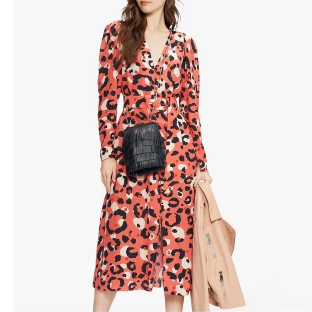 Ted Baker Isbeil Leopard Print Belted Midi Dress, Coral/Multi Size 3/38